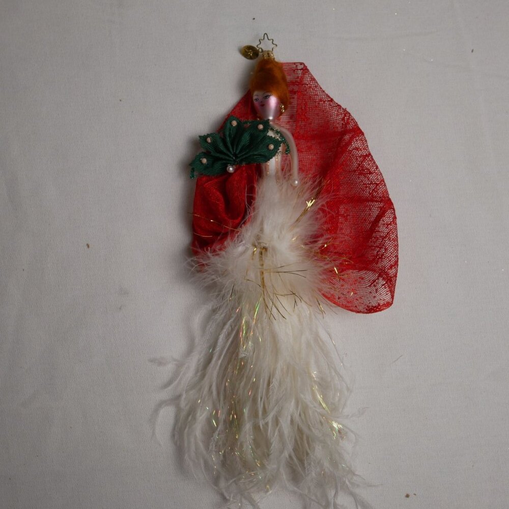 Vintage Christopher Radko Angel Ornament With Red Veil & Feather Dress Italy